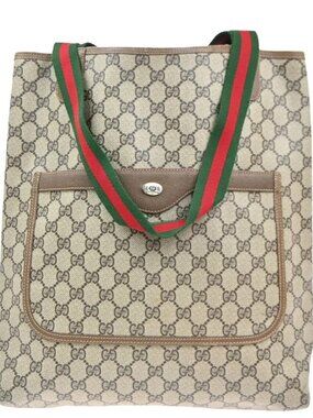 GUCCI Logo GG Sherry Line Shoulder Tote Hand Bag PVC Leather Beige Italy 61MA457